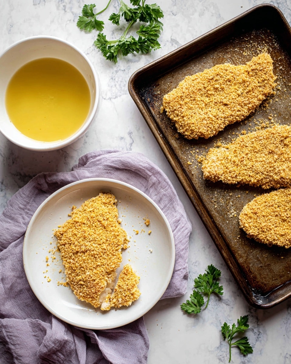 The image shows three pieces of breaded food with a rough, crumbly tan coating on a dark metal tray on the right side. On the left, there is a white bowl with a yellow, slightly foamy liquid and below it, a white plate holding one piece of the breaded food partially covered in the same crumbly coating. The scene sits on a white marbled surface with a light purple cloth under the plate and some green parsley leaves scattered above and below the tray. photo taken with an iphone --ar 4:5 --v 7