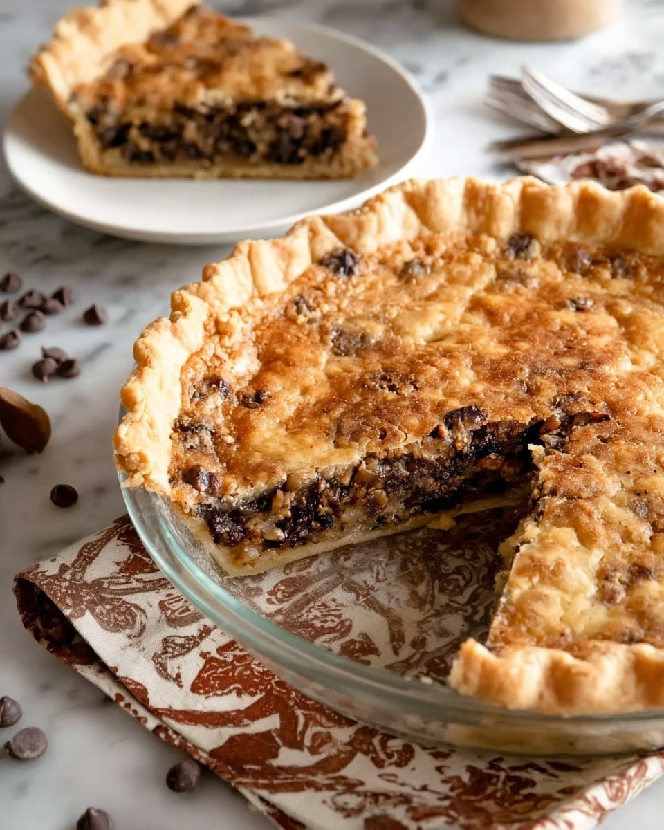 The image shows a round pie with a golden-brown top crust, slightly rough and textured with small darker spots, placed on a clear glass pie dish. One slice is cut and removed, revealing the pie's filling made of a dark, chunky mixture with lighter bits spread throughout, giving a rich and thick look. The pie crust edge is crimped and light beige, surrounding the pie entirely. In the background, the removed slice is placed on a white plate, showing the same filling and crust. The whole scene is set on a white marbled surface with scattered chocolate chips and a beige and brown patterned cloth under the pie dish. A woman's hand is delicately holding a pie server near the lower right. photo taken with an iphone --ar 4:5 --v 7