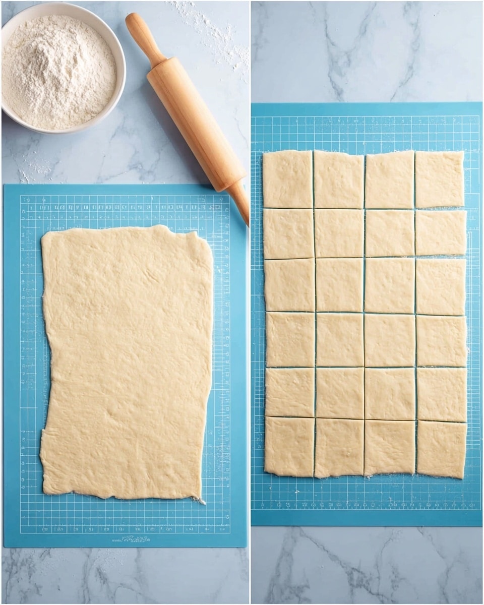 The image shows two views of a rectangular dough sheet on a blue silicone mat with measurement markings. On the left, the smooth, light beige dough is spread out flat with slightly uneven edges. Above the dough is a white bowl filled with flour and a wooden rolling pin with light handles lies to the left. On the right, the same dough is sectioned into a grid of rectangles using straight cuts, showing 24 rectangular pieces. The background surface is changed to a white marbled texture. photo taken with an iphone --ar 4:5 --v 7