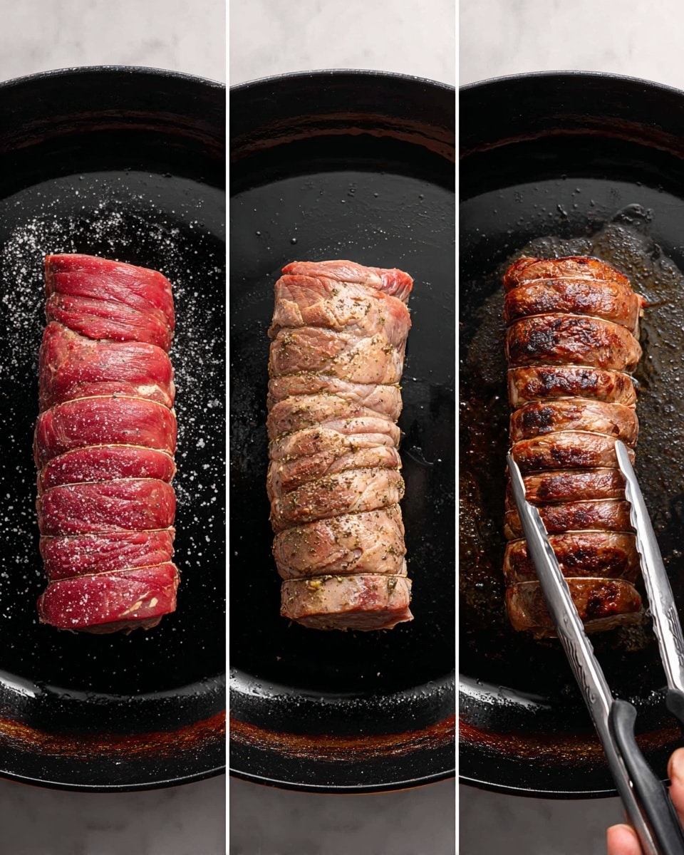 The image shows three stages of cooking a tied beef tenderloin in a round black pan. On the left, the raw beef tenderloin is deep red and sprinkled with coarse salt and black pepper, resting on a shiny black pan surface. In the middle, the beef is partially cooked with a light brown color starting to appear, with coarse pepper visible on the surface, still in the same pan. On the right, the beef tenderloin is fully seared, dark brown with a crispy texture and grill marks, and tongs held by a woman's hand are gripping the roast in the same pan. The pan sits on a white marbled surface. photo taken with an iphone --ar 4:5 --v 7
