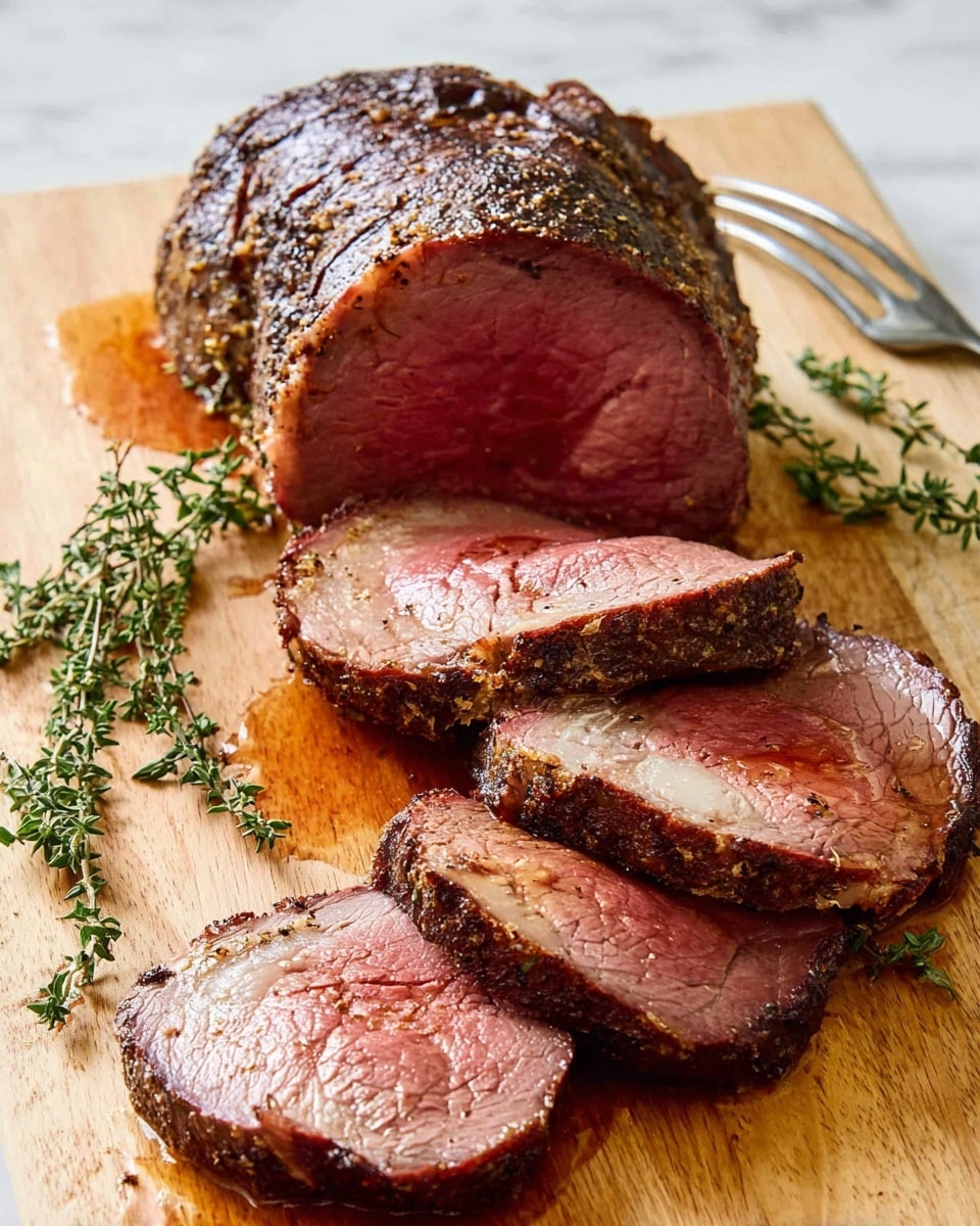 The image shows a thick roast beef on a light wooden board, sliced into five pieces. The larger piece is at the back, dark brown and crusty on the outside, with a deep pink center showing it is cooked medium rare. In front, four round slices lie flat with similar colors—dark brown edges, light pink in the middle, and visible meat texture. Some meat juice pools on the board under and around the slices. Green sprigs of thyme are placed to the left and right side of the beef, adding a light fresh green color contrast. A metal fork is placed at the top right corner. Behind and under everything, the surface is a white marbled texture. photo taken with an iphone --ar 4:5 --v 7