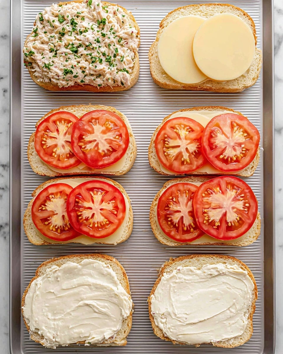 The image shows eight slices of lightly toasted bread in rows. The first layer on the left side has a creamy tuna salad mixed with green herbs spread evenly over each slice. On the right side, the second layer adds two round, pale yellow cheese slices on top of the tuna salad on each bread slice. The third layer on the left side adds two round tomato slices with a bright red and juicy texture on each bread slice. The last layer on the right side shows matching bread slices with a smooth white spread, placed on top to form sandwiches, covering the tomato layer beneath. All the bread slices are placed on a ribbed silver baking tray, which rests on a white marbled surface. photo taken with an iphone --ar 4:5 --v 7