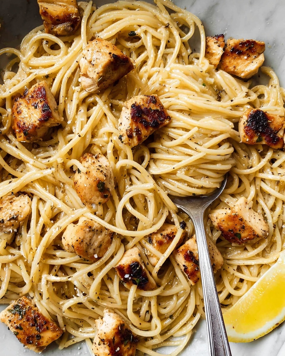 The image shows a close-up of white spaghetti noodles mixed with golden-brown grilled chicken pieces scattered throughout. The spaghetti strands are lightly coated in oil or sauce, giving them a shiny texture, and they twist and curl naturally across the dish. The chicken pieces have a slightly charred, crispy outside with visible seasoning specks. A silver spoon is nestled into the noodles, lifting some pasta and a chicken piece. In the bottom right corner, there is a small wedge of lemon adding a touch of bright yellow. All of this is placed on a white marbled surface. photo taken with an iphone --ar 4:5 --v 7