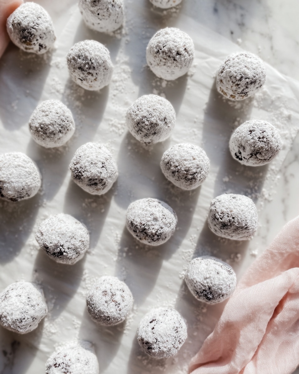A stack of dark chocolate cookie balls dusted with white powdered sugar is arranged in a small pyramid on a white cake stand with a decorative edge and pedestal base. The texture of the cookie balls looks slightly rough with small cracks showing through the powdered sugar layer. A woman's hand is reaching down to pick one ball from the top of the pyramid. The cake stand sits on a white marbled surface with two chocolate sandwich cookies beside it and a soft pink cloth in the background. The overall color palette is neutral with dark browns, whites, and soft pink tones. photo taken with an iphone --ar 4:5 --v 7