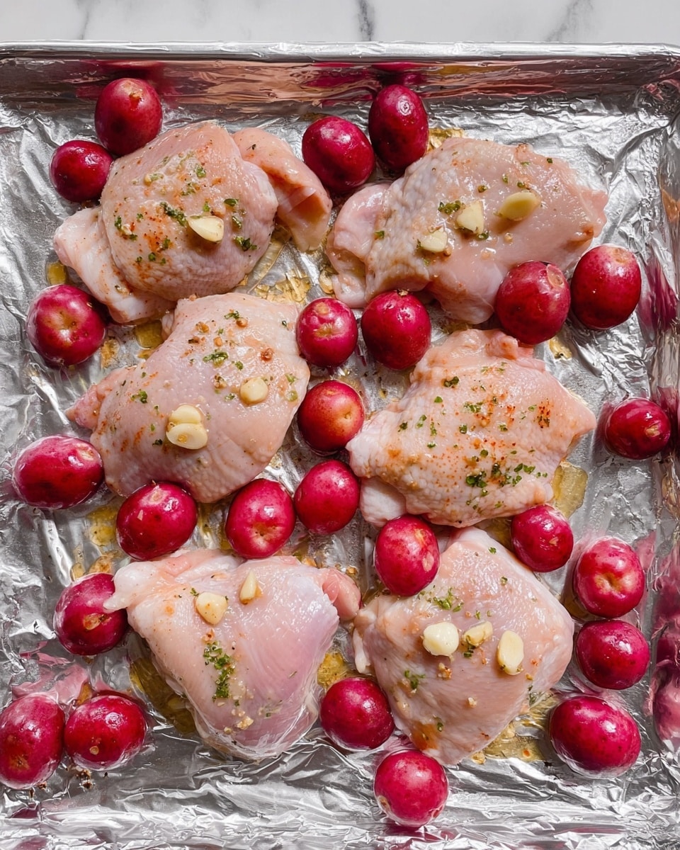 This image shows six pieces of raw, pale pink chicken thighs spread out on a sheet of foil. They are seasoned with small bits of minced garlic on top. Around and between the chicken thighs, there are many small, round, bright red potatoes, some of which have small cuts where garlic is stuffed inside. The foil underneath reflects light softly, and the background is a white marbled surface. The scene looks ready to be baked or cooked. photo taken with an iphone --ar 4:5 --v 7