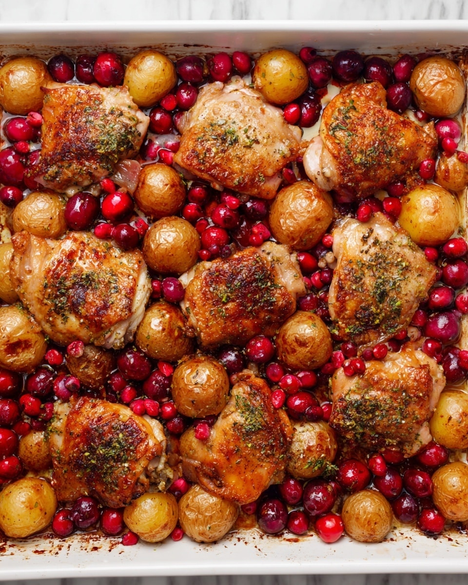 The image shows a rectangular white baking dish filled with several browned cooked chicken pieces placed evenly across the surface. Around the chicken there are small, round, brown roasted potatoes scattered throughout, along with bright red berries adding pops of color. The top layer of the chicken pieces is sprinkled with greenish herb seasoning. The whole dish sits on a white marbled surface, giving a clean and fresh look. Photo taken with an iphone --ar 4:5 --v 7