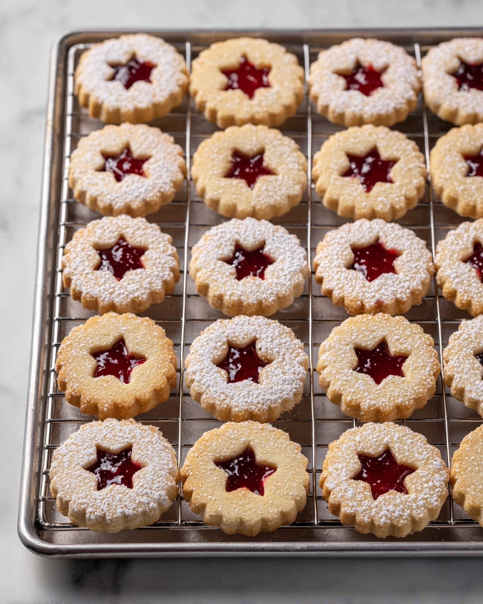 A baking tray filled with two-layer round cookies with scalloped edges, placed on a wire rack over a white marbled surface. Each cookie has a bottom layer of light golden brown dough dusted with white powdered sugar, and a top layer with a cut-out center in shapes like stars or circles, allowing glossy, deep red jam to show through. The cookies are evenly spaced, showcasing the contrast between the soft powdered sugar dusting and the shiny red jam in the middle. The metal tray has a smooth, silver color, adding a clean and simple look to the scene. photo taken with an iphone --ar 4:5 --v 7