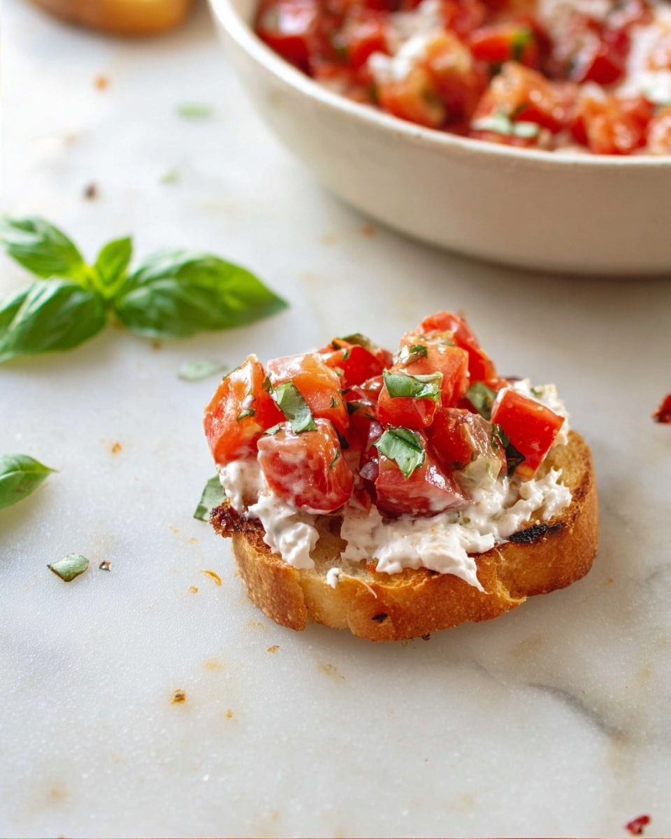 A small toasted slice of bread is topped with a creamy white spread, layered with bright red diced tomatoes mixed with small green herb pieces, and a few fresh green basil leaves are scattered around on a white marbled surface. In the background, there is a close-up of a white bowl filled with more of the tomato and cream mixture, showing chunks of red tomatoes with green herbs throughout. Photo taken with an iphone --ar 4:5 --v 7