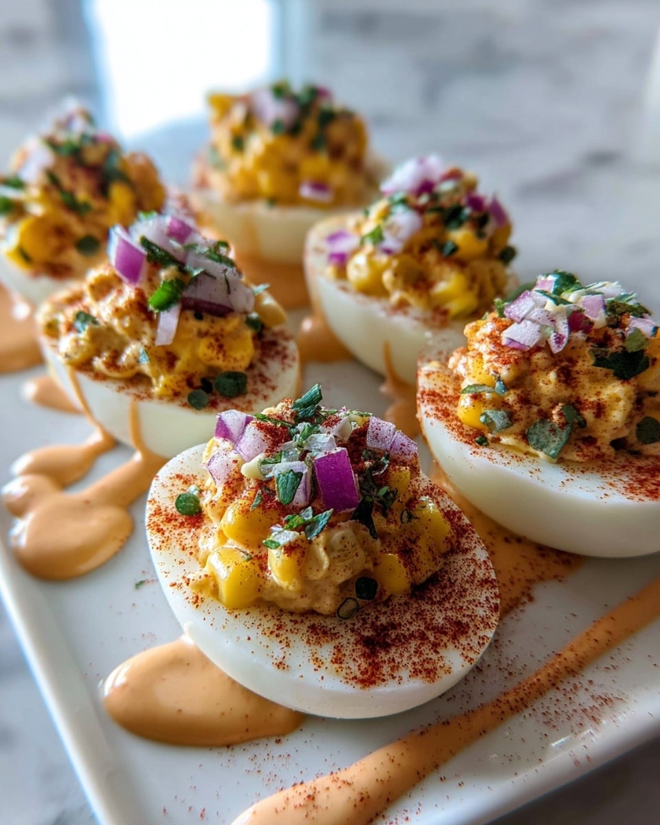 A white plate holds eight halved boiled eggs, each topped with a mound of creamy yellow yolk mixture. The yellow yolk layer looks soft and slightly chunky. On top of that is a sprinkle of small purple onion pieces and bright green herbs, giving a fresh look. A light orange creamy sauce is drizzled over each egg half, with a dash of reddish-brown seasoning dusted on top, adding texture and color contrast. The plate is held by a woman's hand against a white marbled surface in the background. photo taken with an iphone --ar 4:5 --v 7