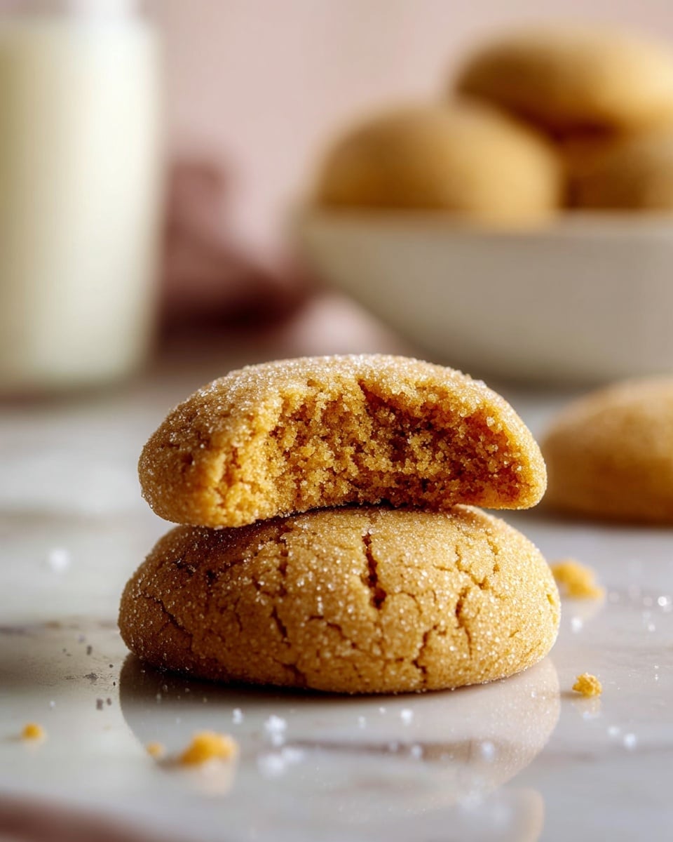 A white round plate holds six golden brown cookies, each with a soft cracked surface and light sprinkling of white sugar on top. The cookies are arranged in a small stack with some overlapping, showing their round shape and slightly textured crust. Cookie crumbs are scattered near the edge of the plate, which sits on a white marbled surface next to a soft pink cloth and a glass jar of milk partially visible on the top right. Photo taken with an iphone --ar 4:5 --v 7