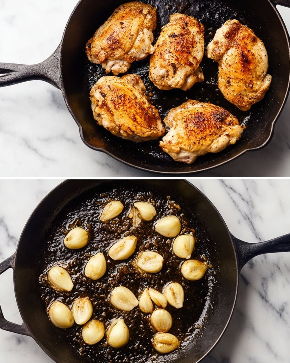 The image shows two black cast iron pans placed on a white marbled surface. The left pan contains four pieces of golden brown cooked chicken arranged closely together, with a crispy texture and seasoning visible on the surface. The right pan has several sautéed garlic cloves that are light golden and slightly browned on a dark, oily base. Both pans have handles pointing to the bottom right corner. photo taken with an iphone --ar 4:5 --v 7