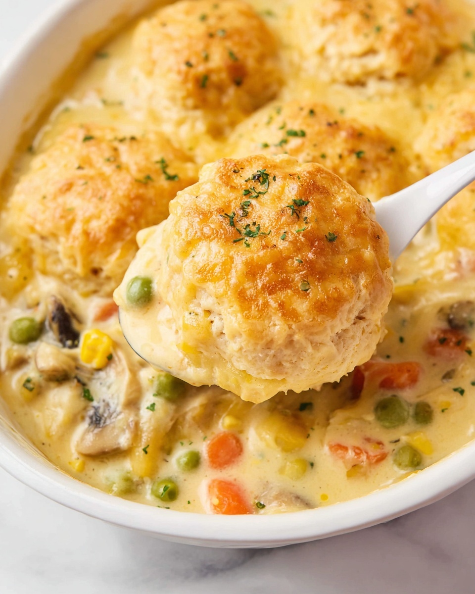 A white oval baking dish holds seven golden biscuit patties placed evenly on top of a thick, creamy mixture filled with visible pieces of chopped carrots, green peas, corn, and mushroom slices. The biscuit tops are slightly rough and light brown speckled, sitting elevated above the colorful vegetable stew below. The creamy base has a smooth, cheesy texture with hints of melted cheese and small chunks of vegetables, offering a warm, comforting look. The dish is set on a white marbled surface with a white cloth nearby. Photo taken with an iphone --ar 4:5 --v 7
