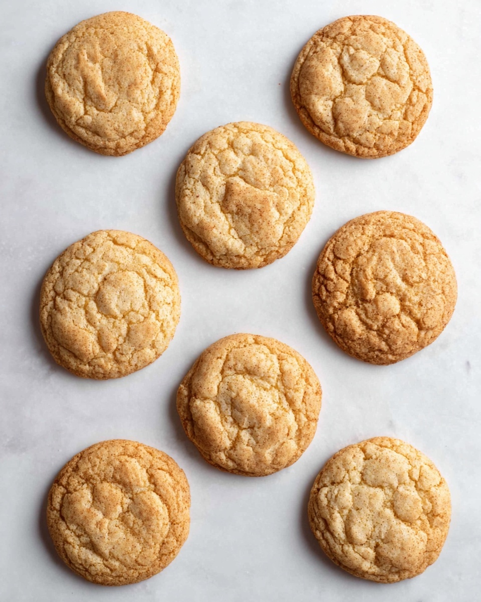 Eight round cookies are spread out evenly on a white marbled surface. Each cookie is golden brown with a slightly rough texture and subtle cracks on top, showing a soft, baked appearance. The cookies vary a little in size but generally look thick and chewy with gentle rises in the center. The light is soft, making the warm tones of the cookies stand out. photo taken with an iphone --ar 4:5 --v 7
