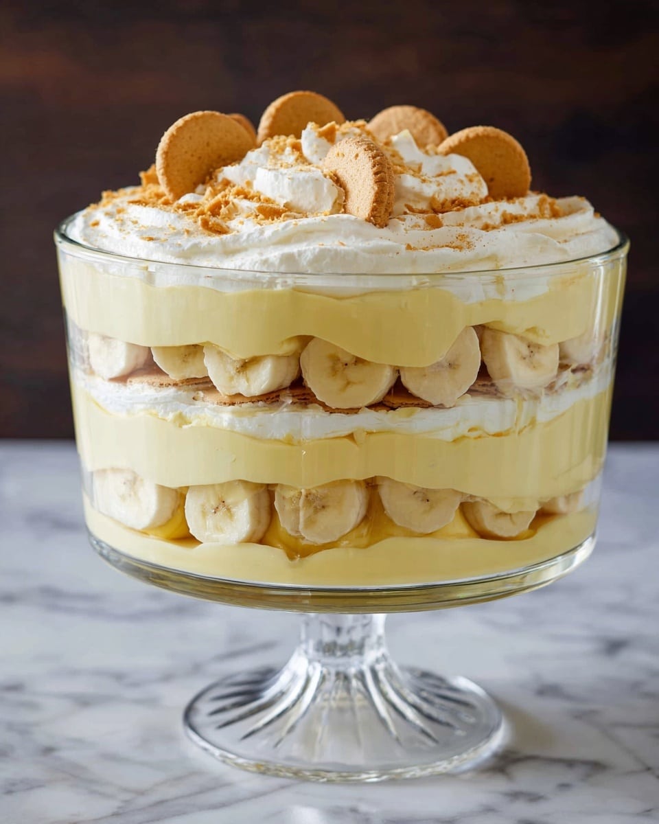 A clear glass bowl on a tall glass stand holds a five-layer dessert. Starting from the bottom, there is a layer of vanilla pudding that looks smooth and light yellow. Above it, a layer of round slices of banana is placed, with each slice showing a soft white color and smooth texture. Next, there is a thin layer of vanilla wafers with a pale brown color visible between the banana slices. This pattern repeats twice more, ending with a thick layer of creamy, light yellow pudding topped with a white whipped cream layer. On top, two whole vanilla wafers and a sprinkle of crushed wafer crumbs decorate the dessert. The background is a white marbled texture. Photo taken with an iphone --ar 4:5 --v 7