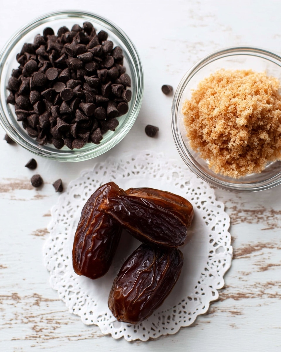 In the image, there are three main items arranged on a white marbled surface with a white paper doily underneath. In the center, there are four dark brown dates with a shiny, wrinkled texture stacked close to each other. To the left, a clear glass bowl holds many small, dark chocolate chips that are smooth and shiny. To the right, another clear glass bowl contains a light brown, fluffy, grated ingredient that looks soft and dry. The setup is simple and clean, highlighting the contrast between the deep brown of the dates and chocolate chips and the light brown of the grated ingredient. photo taken with an iphone --ar 4:5 --v 7