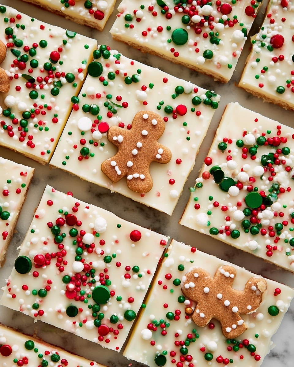 The image shows a tray of nine square dessert bars arranged in a 3x3 grid on a white marbled surface. Each bar has a smooth layer of creamy white frosting on top, decorated with small round sprinkles in red, green, white, and dark green colors, spread evenly across the surface. On each square dessert, there is one small gingerbread man cookie with detailed texture and white icing dots, placed near the center. The bars are neatly cut with clear straight edges, and the texture of the frosting looks thick and soft. Photo taken with an iphone --ar 4:5 --v 7