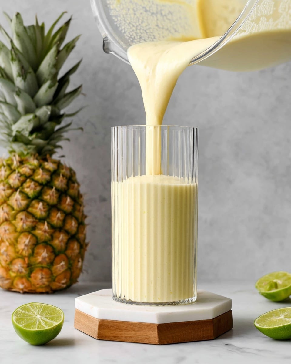 A clear tall glass with vertical ridges is sitting on a white marbled hexagon plate that is on top of a wooden square coaster. A thick pale yellow smoothie is being poured into the glass from a blender pitcher above, showing a smooth creamy texture flowing down. To the left of the glass, a whole pineapple with green spiky leaves stands upright. In the front left corner, half a bright green lime with visible pulp is placed cut side up, and another lime half is in the background on the right side, also cut open. The surface is white marbled, and the background is a light gray with gentle texture. photo taken with an iphone --ar 4:5 --v 7