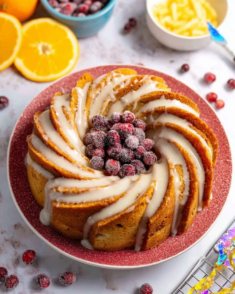 A round bundt cake with a golden brown crust sits on a white plate with red sparkle texture. The cake has a swirl pattern with seven visible layers of cake forming the spiral, each layer showing a light brown texture with some darker spots. The top is drizzled with white icing filling the swirl grooves, and a small bunch of frosted red cranberries decorates the very center. Around the plate, more frosted cranberries are scattered. The white marbled surface holds various items including two halved oranges, a bowl of yellow zest, a spoon in a bowl of light creamy sauce, a cooling rack with frosted cranberries, and a woman's hand on the right holding a iridescent knife. Photo taken with an iphone --ar 4:5 --v 7