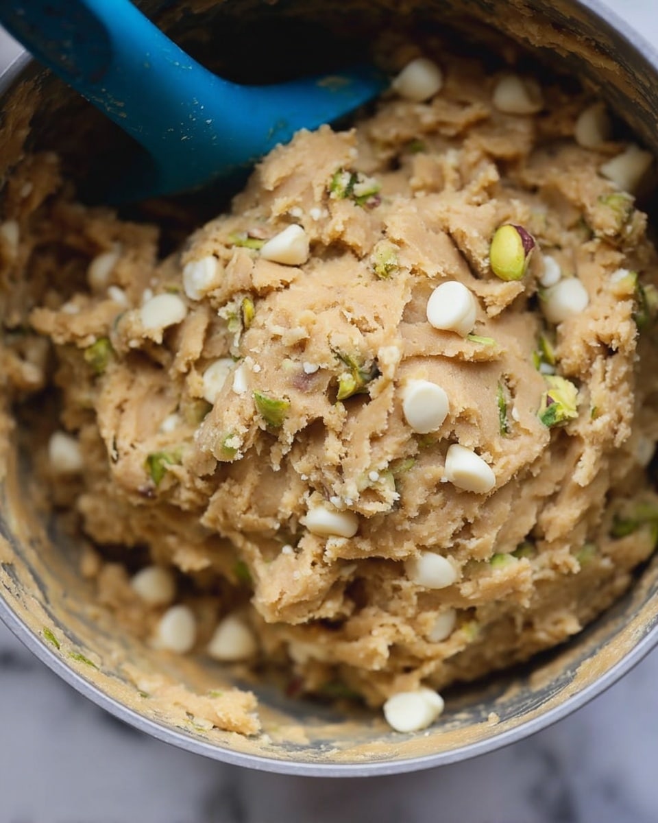 Close-up photo of a thick, rough cookie dough mixture with a light brown color, filled with scattered white chips and small green nut pieces, all held inside a container with part of a blue spatula visible on top left, against a white marbled surface background photo taken with an iphone --ar 4:5 --v 7