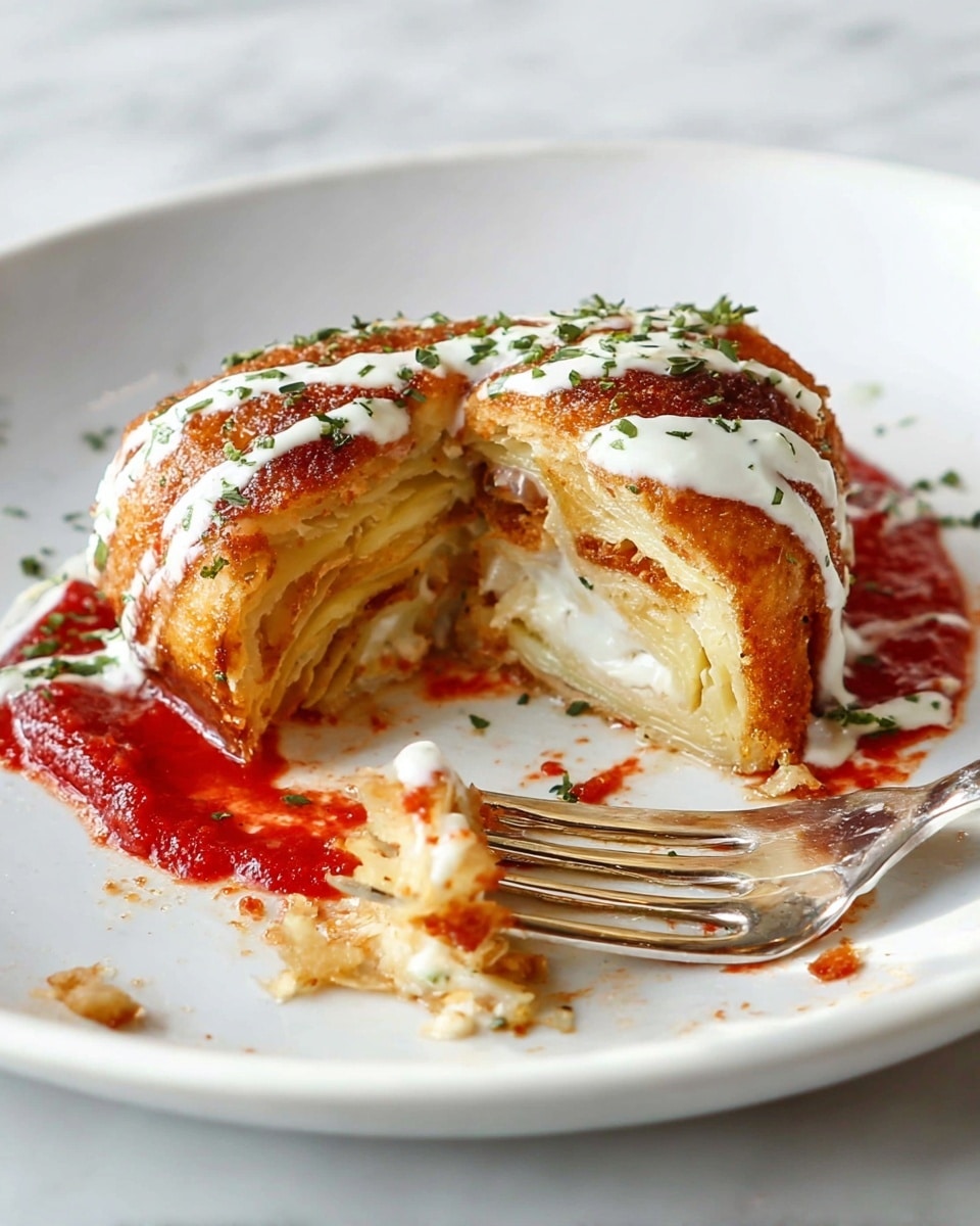 A round, sliced roll with many thin, light yellow layers inside sits on a white plate with a white marbled surface. The outside is golden brown and crispy with a drizzle of creamy white sauce sprinkled with small green herbs on top. Underneath, there is a bright red sauce spread on the plate. A silver fork rests on the plate, with some red sauce and crumbs on it. Photo taken with an iphone --ar 4:5 --v 7