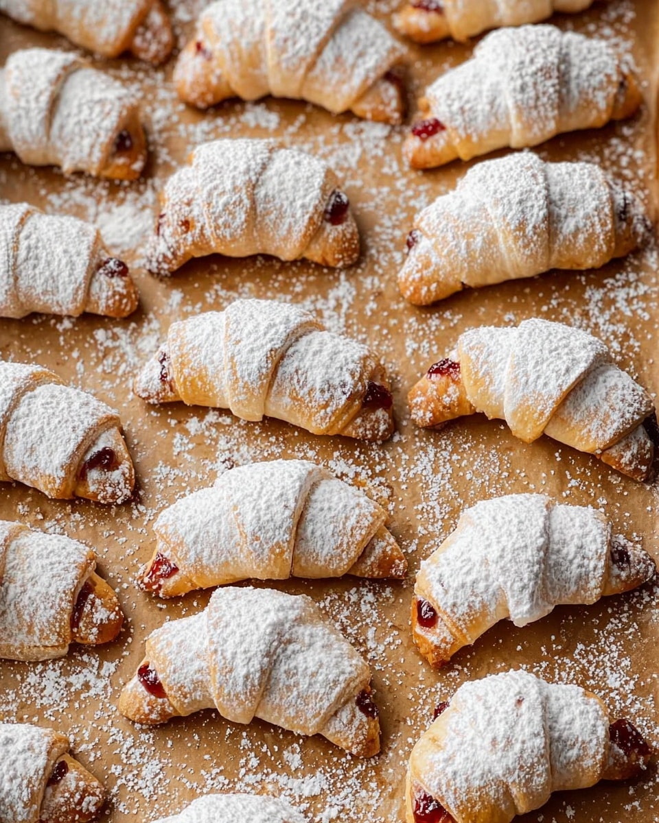 The image shows a baking tray filled with small crescent-shaped pastries, each covered with a thick layer of white powdered sugar. The pastries are golden brown with visible flaky layers, and some have a red jam filling peeking out from the ends. Powdered sugar is scattered around the tray, adding a textured look on the light brown surface beneath the pastries. The pastries are arranged in neat rows, covering the entire tray evenly. photo taken with an iphone --ar 4:5 --v 7