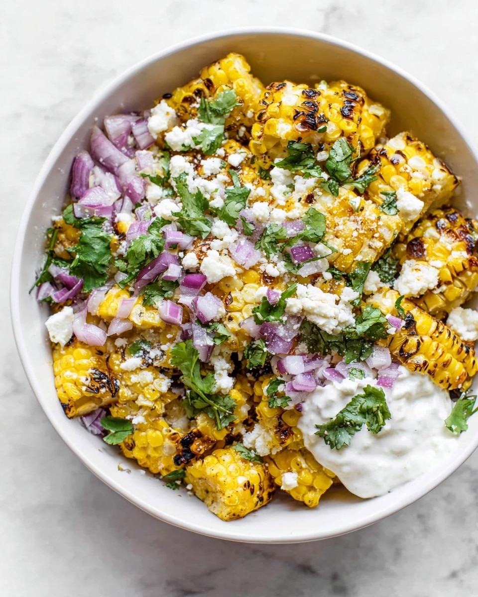 A white bowl filled with grilled corn pieces that show light char marks, topped with crumbly white cheese and small chunks of purple onion mixed with fresh green cilantro leaves, along with a dollop of creamy white sauce on one side; the bowl sits on a white marbled surface photo taken with an iphone --ar 4:5 --v 7
