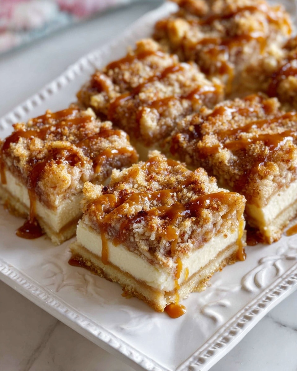 The image shows a white plate with a carved edge, holding about three layers of dessert squares arranged neatly. The bottom layer looks like a pale, soft crust. The middle layer is creamy and light-colored, smooth in texture. The top layer is golden brown crumbly streusel with scattered small nuts mixed in. There is a drizzle of shiny caramel sauce across the top, adding a glossy and sticky touch. The white marbled surface is visible beneath the plate. photo taken with an iphone --ar 4:5 --v 7