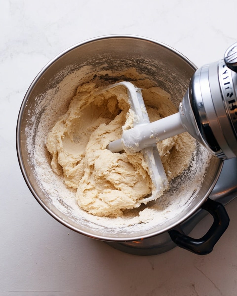 A close-up top view of a shiny metal mixing bowl on a white marbled surface filled with partially mixed light beige dough and some white flour still visible on one side inside the bowl. A white paddle attachment from a silver stand mixer rests inside the bowl with dough sticking to its flat edge. The mixing bowl has a black handle on the right side. photo taken with an iphone --ar 4:5 --v 7