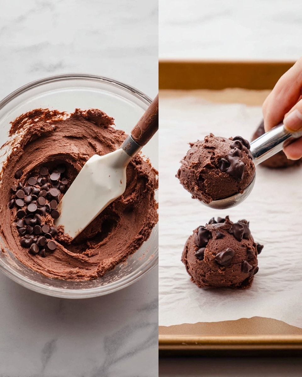 The left side shows a large clear glass bowl filled with thick, dark brown chocolate dough mixed with shiny dark brown chocolate chips. A white spatula with a wooden handle is partially buried in the dough, stirring it. On the right side, a silver ice cream scoop is held by a woman's hand dropping two rough dark brown chocolate dough balls onto a white baking sheet lined with white parchment paper. The background is a white marbled texture. photo taken with an iphone --ar 4:5 --v 7