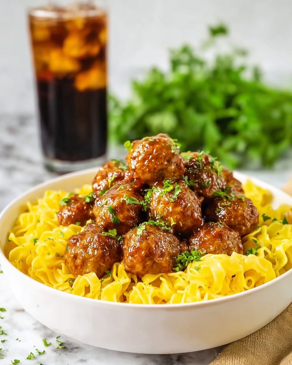 The image shows a white bowl filled with bright yellow twisted noodles as the bottom layer, topped with a pile of golden-brown meatballs covered in a shiny, slightly thick sauce. Small green herb pieces are sprinkled on top of the meatballs adding a fresh touch. The bowl sits on a white marbled surface with some green herbs and a glass of iced dark drink in the blurred background. Photo taken with an iphone --ar 4:5 --v 7