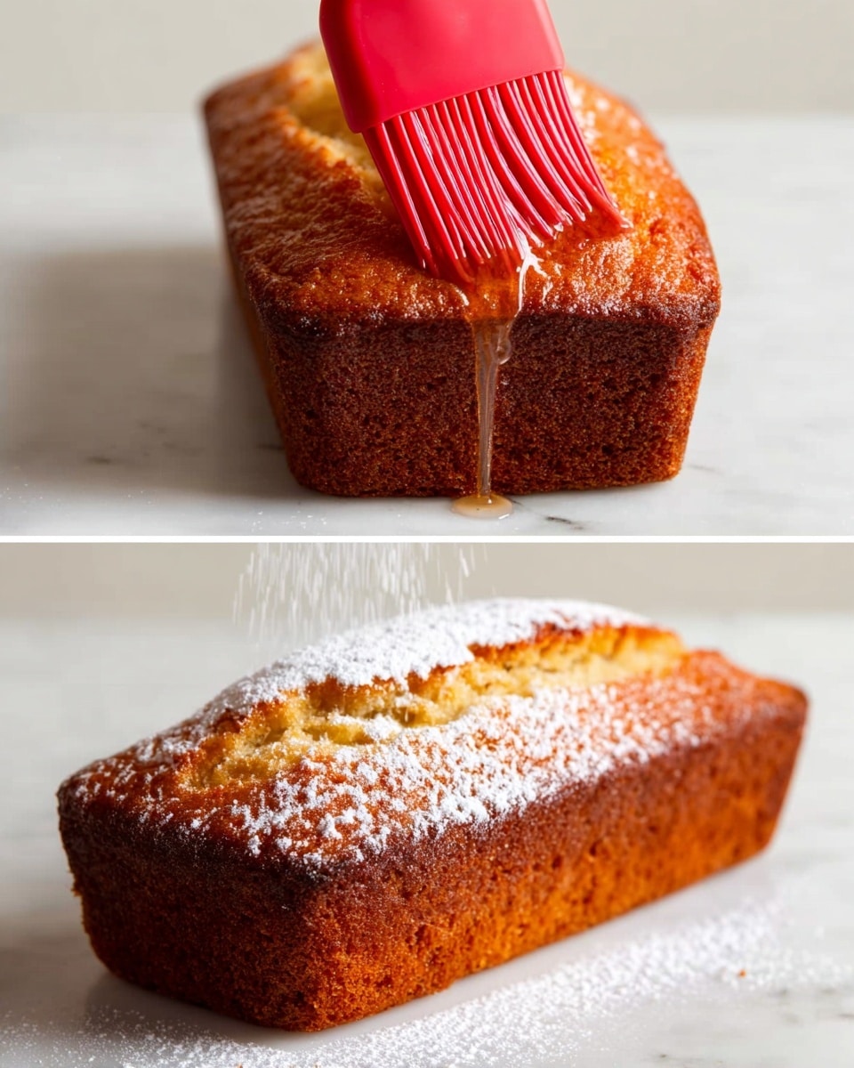 The image shows a close-up of a golden-brown loaf cake with a slightly cracked top, resting on a white marbled surface. In the top part of the image, a woman’s hand is holding a red silicone brush applying a shiny glaze over the cake's top crust, highlighting its moist texture with a rich golden tone. In the bottom part, a fine dusting of white powdered sugar is being sprinkled gently over the same cake, creating a delicate, soft layer that contrasts with the warm, crispy brown edges of the loaf. The overall look is warm and inviting, with the white marbled surface adding a clean and bright background. photo taken with an iphone --ar 4:5 --v 7