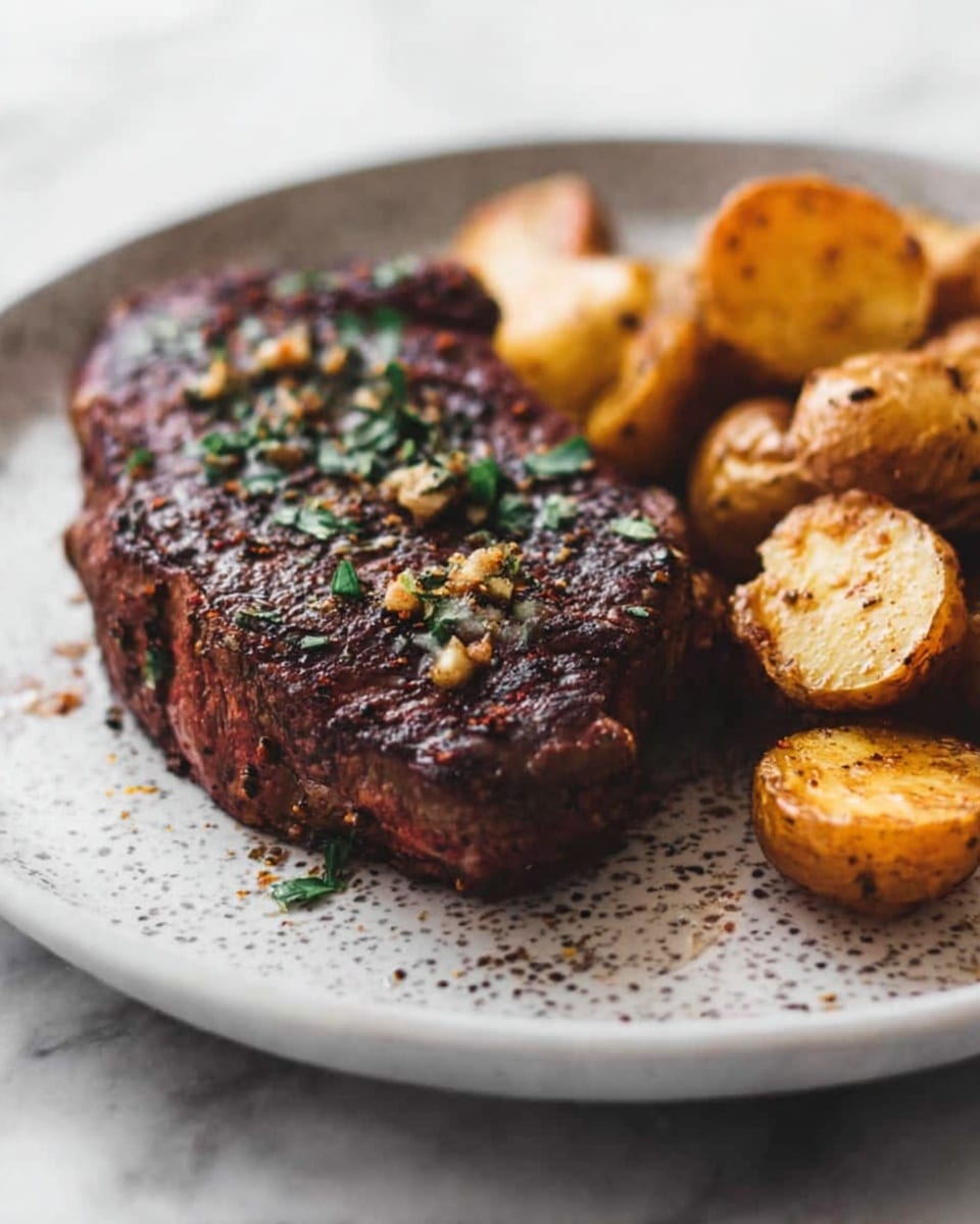 A large piece of cooked steak with a slightly charred, dark brown crust sits on the left side of a white plate with gray speckles. The steak is topped with small bits of seasoning and green herbs. On the right side of the plate, there are several golden roasted potato halves with a crispy exterior. The plate is on a white marbled surface. photo taken with an iphone --ar 4:5 --v 7