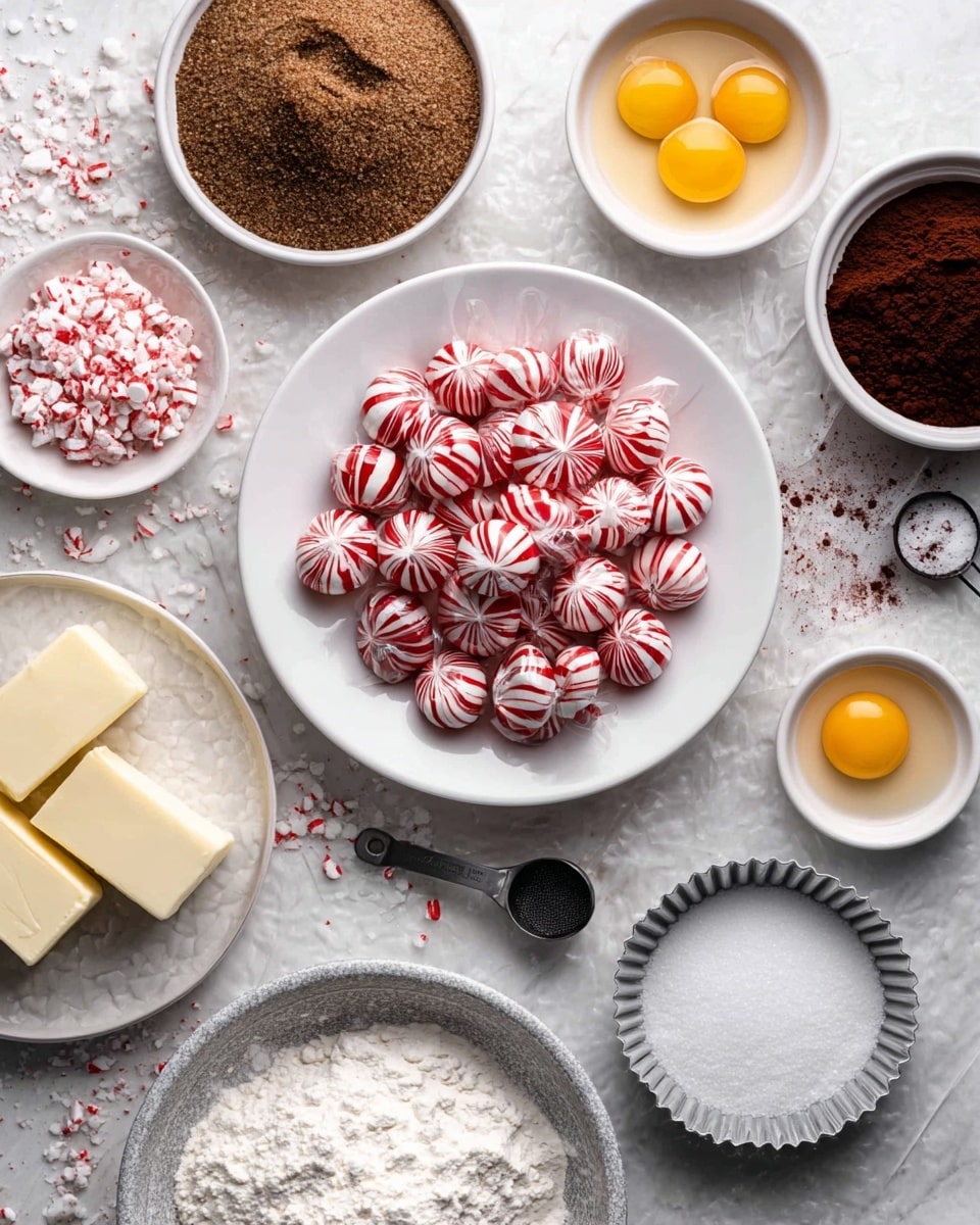 A top-down view of a white plate in the center filled with red and white striped round candies mixed with wrapped candies, surrounded by several white bowls and plates containing baking ingredients including brown sugar with a grainy texture at the left, cocoa powder looking dry and dark brown at the top right, two bright yellow egg yolks in a white bowl at the middle right, and white granulated sugar in a small white bowl at the lower right. A gray bowl filled with white flour with a powdery texture sits at the bottom left, and a plate with two blocks of pale yellow butter is placed at the bottom center. Small fluted metal tart pans hold fine white powders, scattered around the main ingredients on a white marbled surface. A black measuring spoon lies beside the egg yolks' bowl. photo taken with an iphone --ar 4:5 --v 7