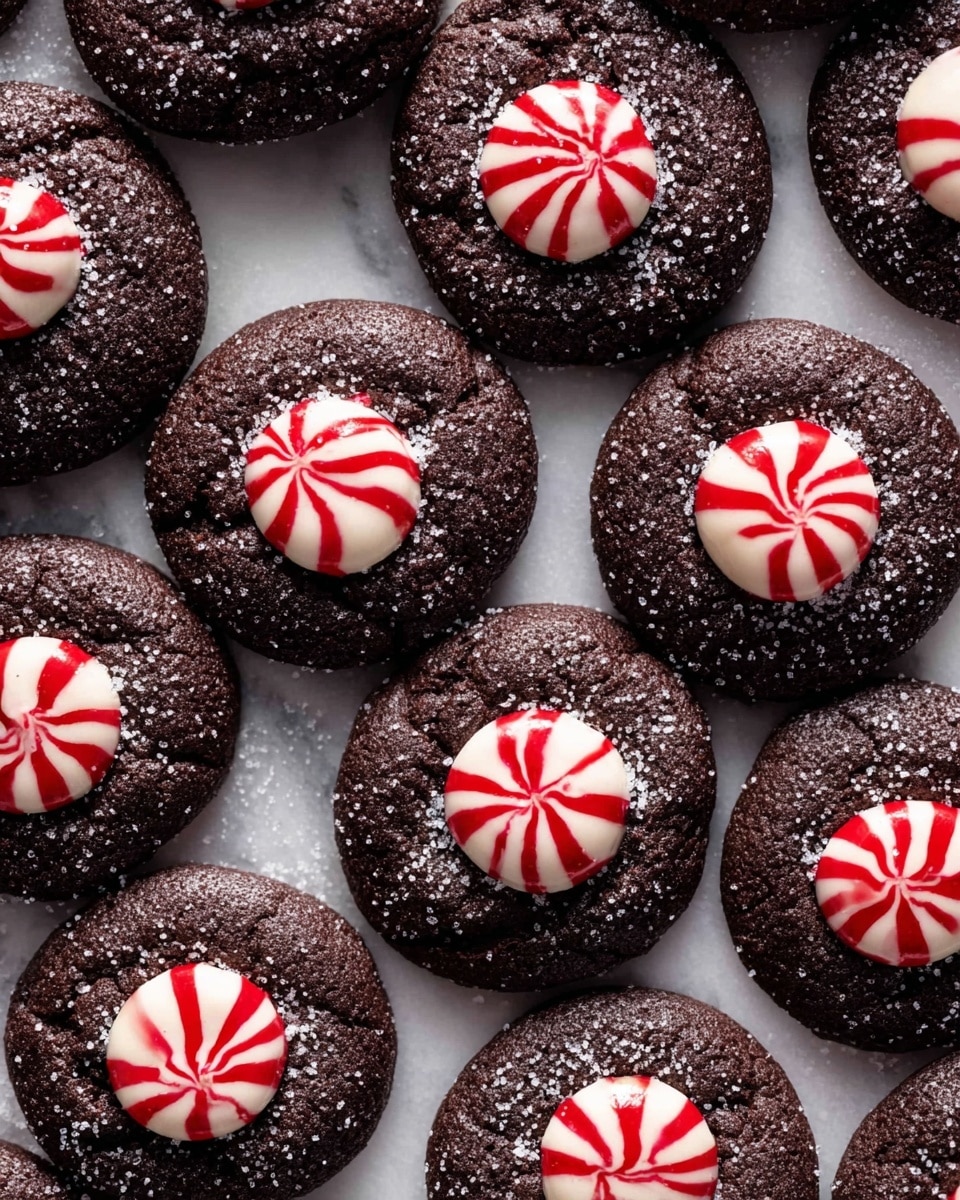 The image shows many round dark chocolate cookies arranged closely together on a white marbled surface. Each cookie has a slightly rough texture with a dusting of white sugar crystals on top. In the center of each cookie, there is a smooth, white peppermint candy with red stripes running vertically, creating a colorful contrast. The candies have a shiny finish and sit flat in the middle of the cookies, making each cookie look like it has two layers: the dark, powdery cookie as the base and the smooth, striped candy on top. photo taken with an iphone --ar 4:5 --v 7