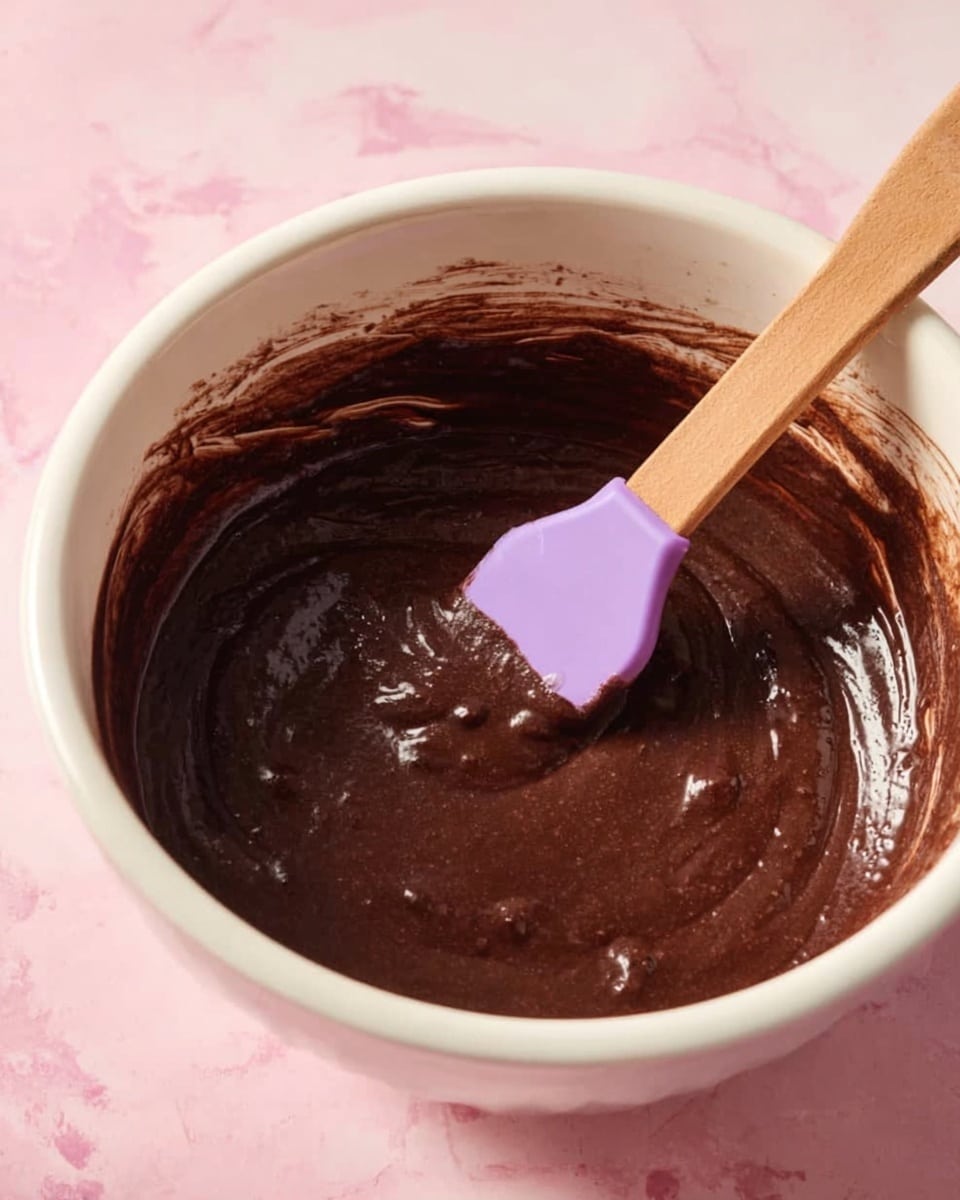 A white bowl filled with smooth, thick dark brown chocolate batter that has a few small lumps. A wooden spatula with a purple silicone tip is dipped into the batter, resting against the bowl’s inner edge. The bowl sits on a white marbled surface with a soft pink background visible. photo taken with an iphone --ar 4:5 --v 7