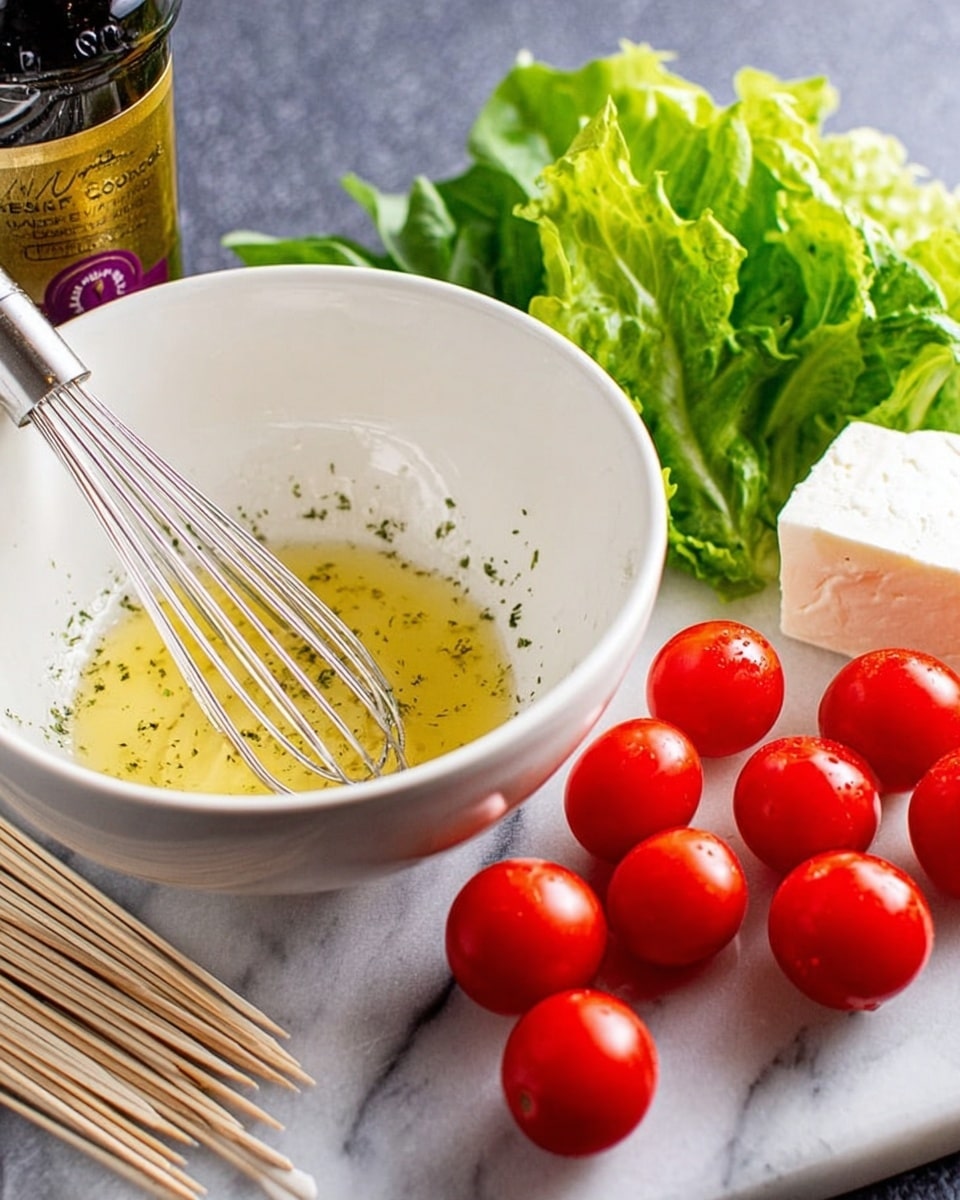 The image shows a white bowl with a metal whisk inside, containing a light yellow mixture with herbs. In front of the bowl on a white marbled surface, there is a piece of white cheese, several bright red grape tomatoes placed in a small cluster, a small bunch of fresh green lettuce leaves on the right, and a row of wooden toothpicks lined up in front of the tomatoes. To the left in the background, there is a large bottle with a label that hints at wine vinegar. photo taken with an iphone --ar 4:5 --v 7