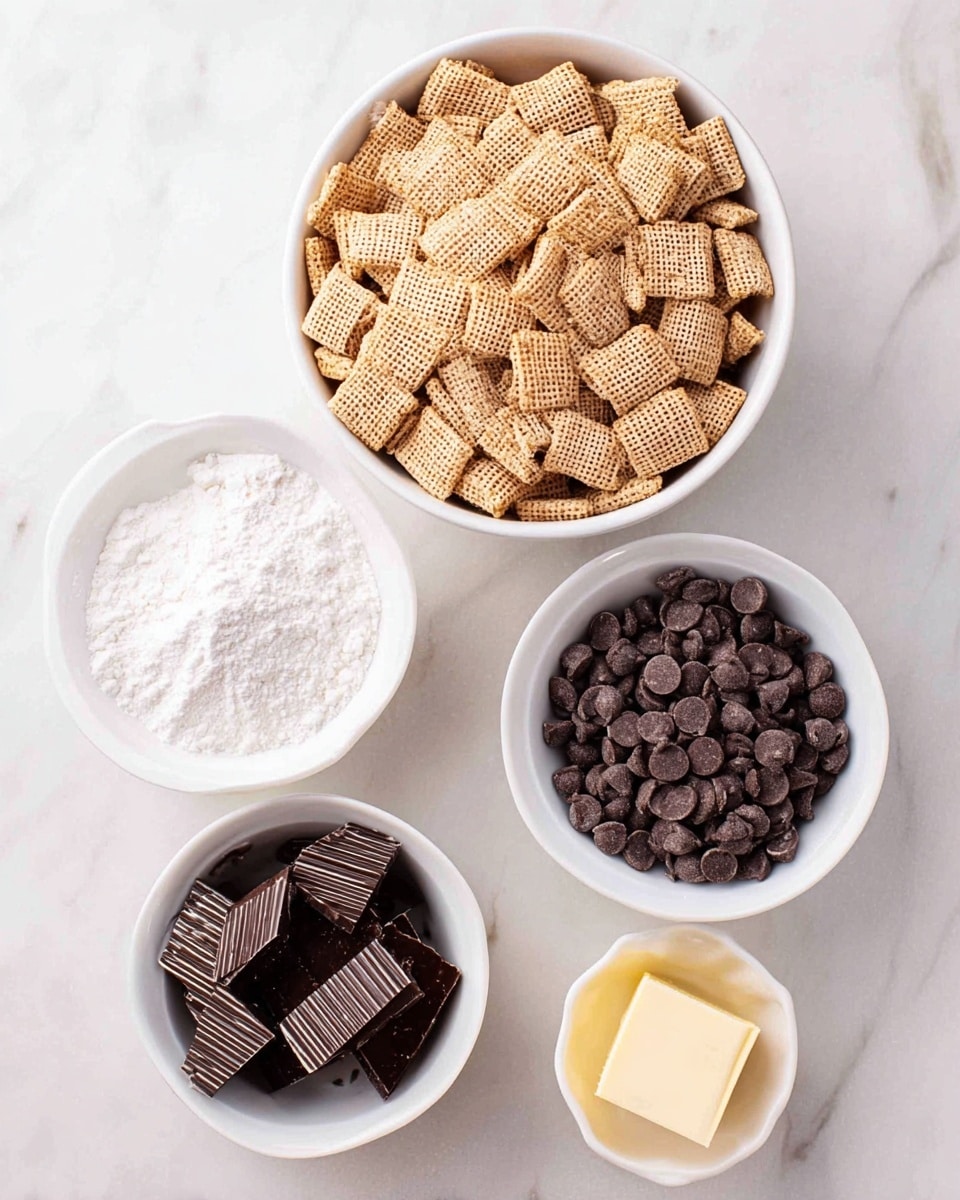 The image shows five white bowls arranged on a white marbled surface. The largest bowl at the top is filled with square cereal pieces that are light brown and have a woven texture. Below it, the left bowl contains white powdered sugar with a fluffy texture, the right bowl is filled with dark brown chocolate chips that are rounded and smooth, and the bottom left bowl holds square pieces of dark chocolate with a striped pattern on the side. The bottom right bowl has a small square of pale yellow butter with a smooth surface. photo taken with an iphone --ar 4:5 --v 7