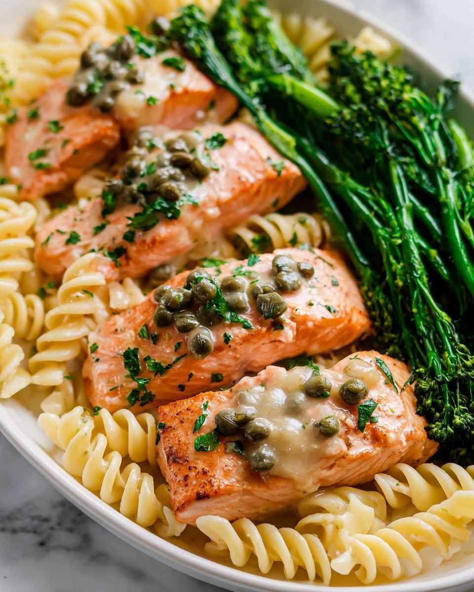 The dish shows three pieces of cooked salmon with a pinkish-orange color, topped with a light cream sauce and small green capers, sprinkled with chopped green herbs. The salmon rests on a bed of pale yellow spiral pasta with a soft texture. On one side, there is a bunch of bright green steamed broccolini with some slices of light brown garlic scattered on top. All the food is presented on a white plate over a white marbled surface. photo taken with an iphone --ar 4:5 --v 7