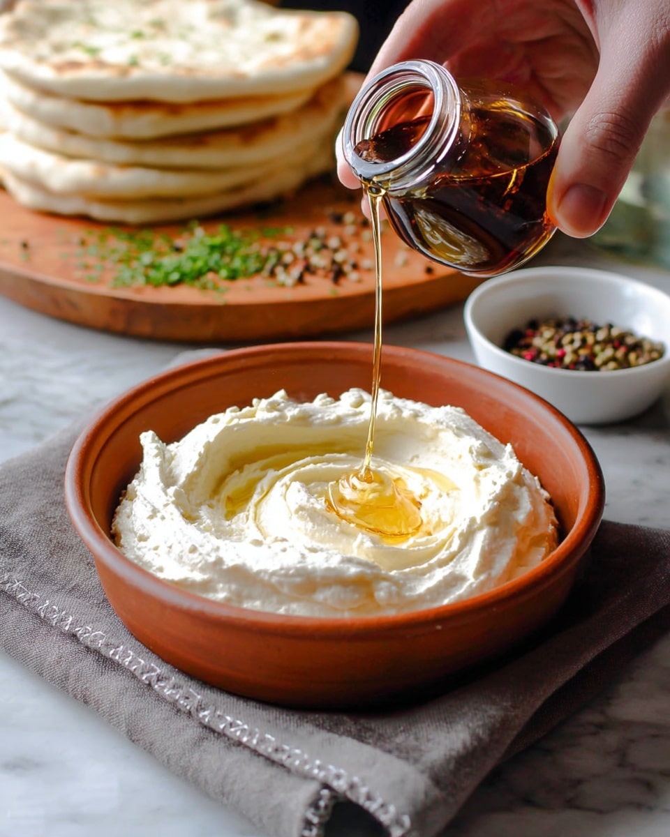 A shallow terracotta bowl filled with a single layer of creamy white cheese spread, swirled to create a small well in the center. Golden amber honey is being poured into the well from a small dark glass container held by a woman's hand. In the background, there are soft-looking layers of light tan flatbread stacked on a cutting board, along with some green chopped herbs and a small white bowl filled with mixed peppercorns. The bowl sits on folded light gray napkins with white stitching, placed on a white marbled texture surface. Photo taken with an iphone --ar 4:5 --v 7
