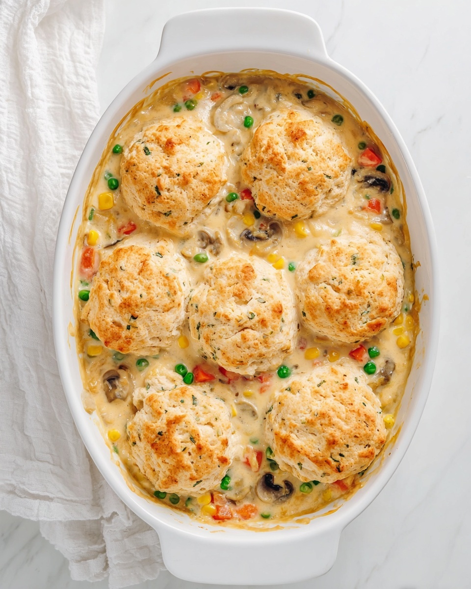 A white spoon is lifting one golden brown biscuit with a slightly crispy top layer from a white dish filled with a creamy, yellowish sauce that hides tender pieces of mixed vegetables including green peas, diced carrots, mushrooms, and corn. The biscuit's texture looks soft inside with visible bits of orange carrot and green herbs sprinkled on top. The dish contains several golden biscuits partially submerged in the creamy sauce with small vegetable chunks and melted cheese scattered around, all placed on a white marbled surface. Photo taken with an iphone --ar 4:5 --v 7