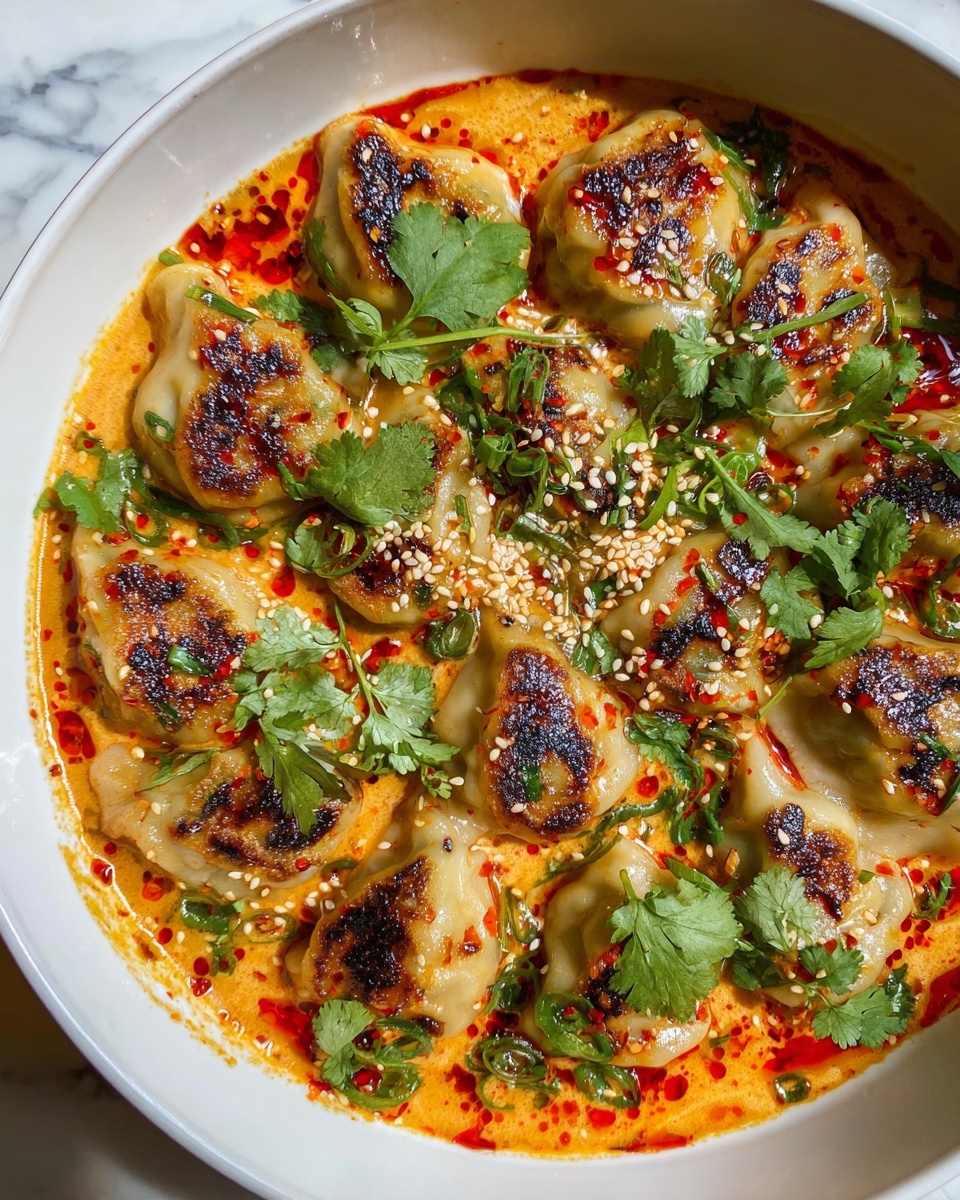 Viral One-Pan Baked Dumplings Recipe 5 A white bowl filled with a creamy orange sauce, topped with a circular arrangement of golden-brown dumplings that have some charred spots on the surface. The sauce shows streaks of red chili oil melting through it, adding a splash of darker red color. Fresh green cilantro leaves and white sesame seeds are scattered over the dumplings and sauce, adding texture and color contrast. The whole scene rests on a white marbled surface. photo taken with an iphone --ar 4:5 --v 7