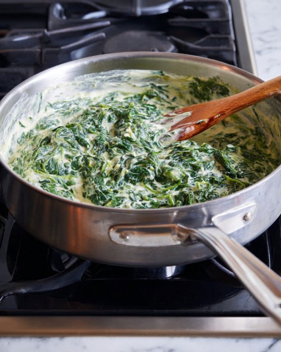 A medium-sized silver pan sits on a black stove with a white marbled counter beside it. Inside the pan is a creamy green mixture with visible soft chunks, showing a blend of white and green colors. A wooden spoon with a long handle rests on the right edge of the pan, mixing the thick spinach and cream sauce. The creamy mixture looks smooth with some texture from the greens, evenly spread in the pan with some sauce smeared along the inner sides. Photo taken with an iphone --ar 4:5 --v 7