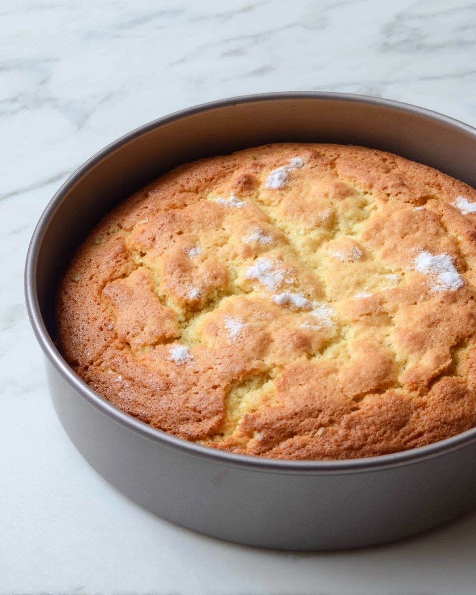 The image shows a round cake pan with a golden-brown baked cake inside. The cake has one visible layer with a lightly uneven, slightly cracked top that is golden and soft-looking, with small white patches of sugar or flour sprinkled in some areas. The cake pan is placed on a white marbled surface. The pan is gray and has a smooth edge. photo taken with an iphone --ar 4:5 --v 7
