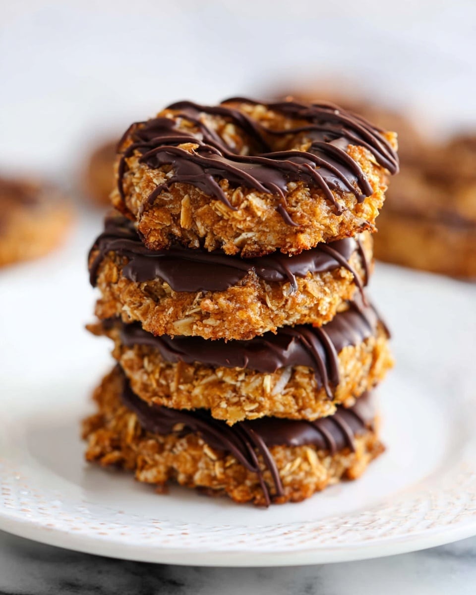 A wooden tray holds six round cookies with a rough texture, light brown color, and visible toasted coconut flakes, each with a small hole in the center. The cookies are drizzled with thin dark chocolate lines forming a loose zigzag pattern on top. A white lace doily covers the bottom of the tray, adding a decorative touch. The tray sits on a white marbled surface, giving a clean and bright backdrop. The photo taken with an iphone --ar 4:5 --v 7
