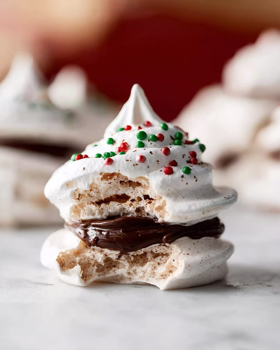 The image shows a close-up of a single meringue cookie on a white marbled surface. The cookie has three visible layers: the top is a crisp, white meringue peak with small red and green round sprinkles, the middle layer contains a smooth, dark chocolate filling, and the bottom layer is a light, airy meringue base with a slightly cracked texture. The background is softly blurred with warm colors, drawing attention to the meringue's details. Photo taken with an iphone --ar 4:5 --v 7