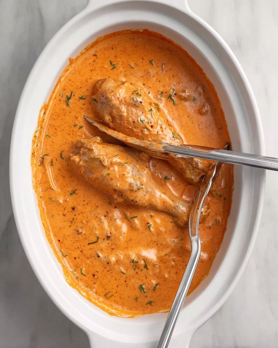 A white oval dish filled with thick orange creamy sauce with small visible herbs and spices mixed in. Two cooked drumsticks are partially submerged in the sauce, showing their smooth texture through the sauce. A pair of silver tongs rests on the right side inside the dish, lifting one drumstick slightly. The dish sits on a white marbled surface. Photo taken with an iphone --ar 4:5 --v 7