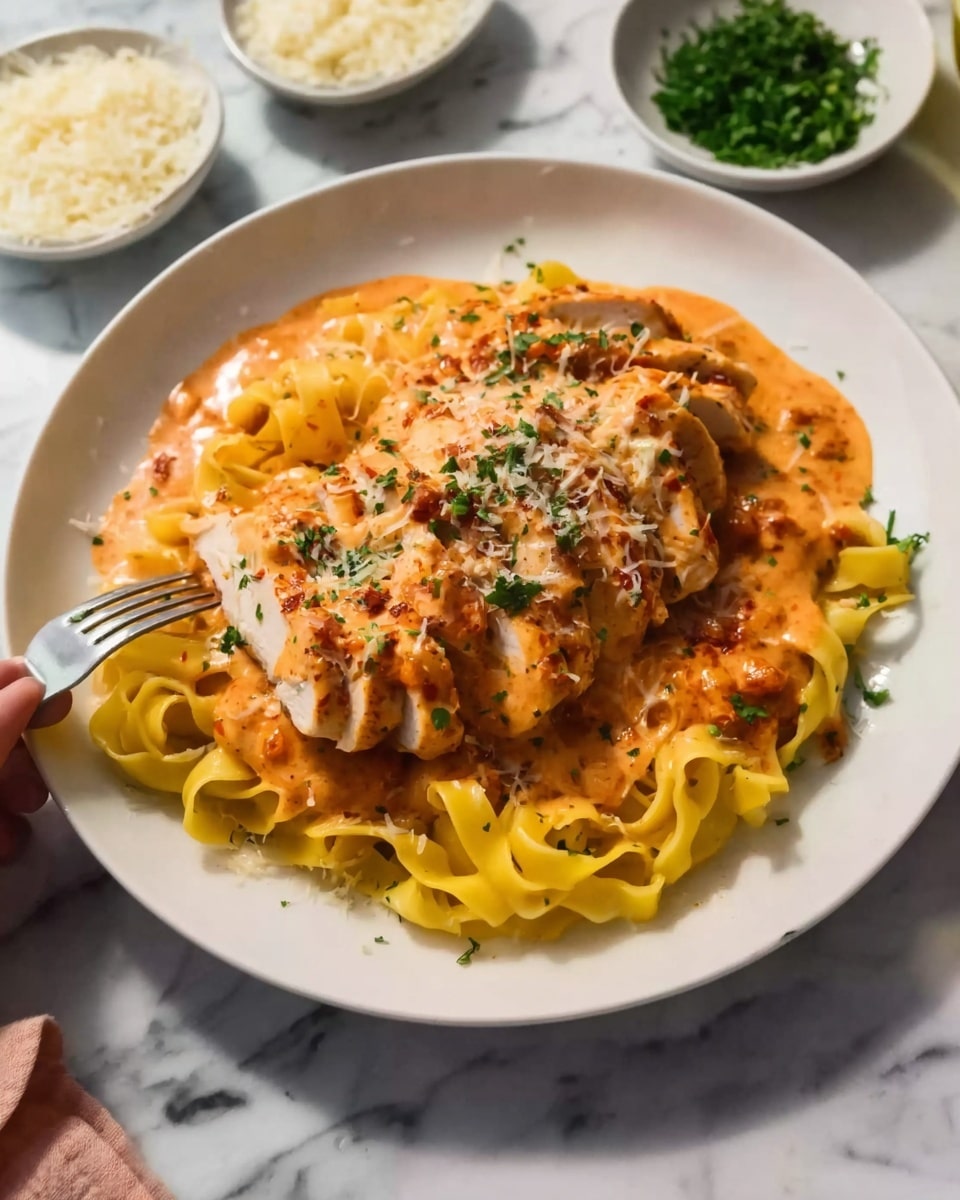 A white plate holds a dish with two main layers; at the bottom, there is a nest of yellow fettuccine pasta arranged in loose coils, soft and slightly glossy. On top, slices of light brown cooked chicken are laid out in a fan shape, covered in a thick orange creamy sauce with small bits of herbs and tomato pieces. The dish is sprinkled with finely chopped green parsley and a light dusting of grated cheese that adds a textured, slightly rough look. The plate is set on a white marbled surface with small bowls of grated cheese and chopped parsley slightly blurred in the background, and a woman's hand holding a fork is reaching toward the meal from the left side photo taken with an iphone --ar 4:5 --v 7