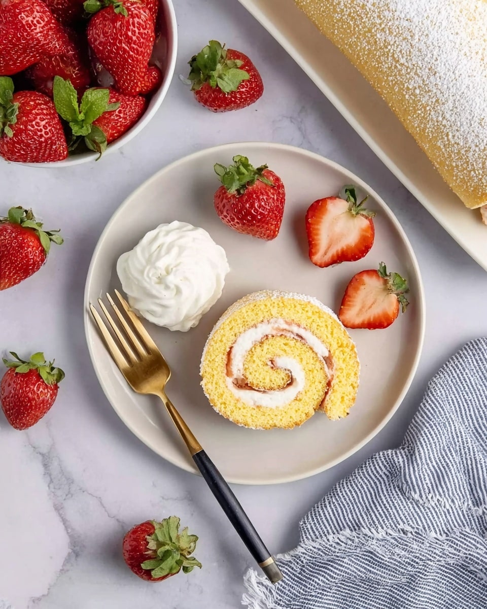 The image shows a slice of yellow cake roll with white cream filling spiraled inside, placed on a white plate. The cake slice is on the bottom right of the plate, while on the upper left side of the plate there is a dollop of white cream. Three whole red strawberries and two halved strawberries with green leaves sit around the cream. A gold fork with a black handle rests on the left edge of the plate. The plate sits on a white marbled surface with scattered strawberries nearby, a white bowl full of fresh strawberries in the top left corner, and a white cake roll dusted with powdered sugar in the top right corner. A white and blue cloth napkin is partially visible under the plate. Photo taken with an iphone --ar 4:5 --v 7