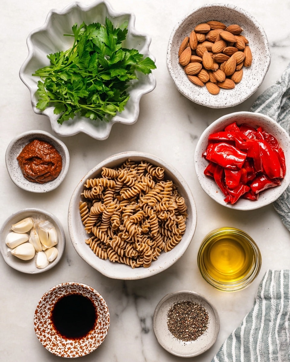 The image shows a top view of several small bowls and a larger bowl arranged on a white marbled surface. In the center, a white bowl is filled with light brown spiral pasta. Above it, a white speckled bowl holds whole almonds with a smooth, shiny brown texture. To the right, another white speckled bowl contains bright red roasted peppers with a slightly charred look. On the top left, there is a white scalloped bowl with fresh green parsley leaves. Below the parsley, a small white bowl contains a thick, dark red paste. At the bottom left, a small white and brown patterned plate holds peeled garlic cloves. Near the center bottom, a white speckled bowl has a dark liquid, and next to it is a small glass jar with golden yellow oil. Finally, to the right, a white speckled bowl contains a mix of red, black spices, and white salt. A striped cloth napkin is visible on the far right edge. photo taken with an iphone --ar 4:5 --v 7