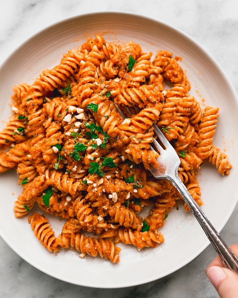 A white plate is filled with spiraled pasta coated in a thick orange-red sauce, giving the pasta a slightly textured and creamy look. Small chopped green herbs are scattered on top, adding bursts of fresh green color. Tiny pieces of chopped nuts are also sprinkled around, adding a bit of rough texture and light brown shades. A silver fork, held by a woman's hand, is twirling some pasta on the right side of the plate. The background is a white marbled surface. photo taken with an iphone --ar 4:5 --v 7